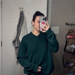 IZOD Mens V-Neck Sweater Forest Green Cotton Blend Knit XL